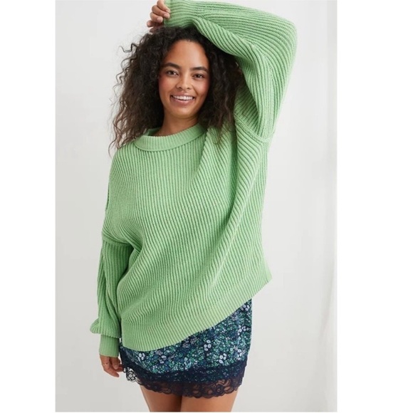 aerie Sweaters - Aerie Beyond Chenille Sweater Fresh Green Ribbed Women's Crewneck Knit Sweater